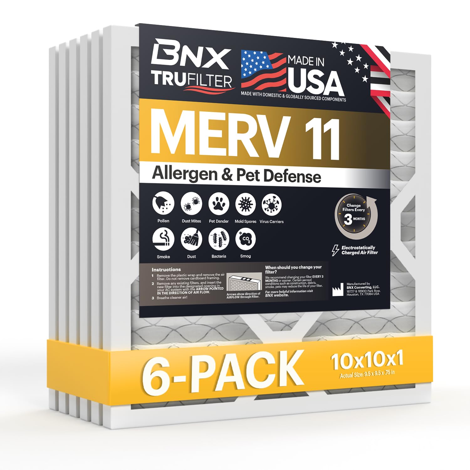 BNX TruFilter 20x25x5 (19.88’’ x 24.75’’ x 4.38‘ Honeywell Compatible 4”) MERV 11 Air Filter (2-Pack) - MADE IN USA - HVAC AC Furnace Filters for Allergies, Dust, Pet, Smoke, Allergy MPR 1200 FPR 7