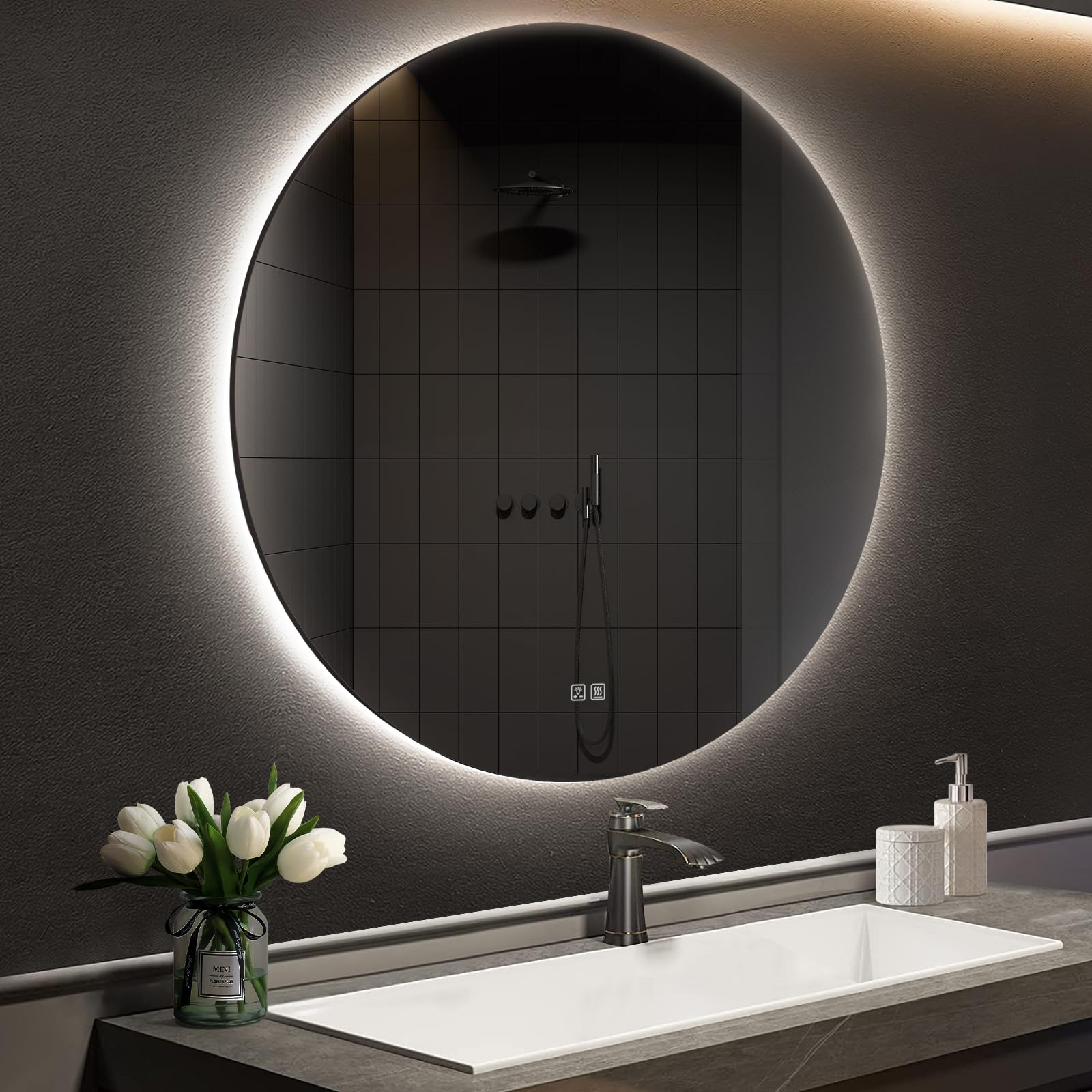 Photo 1 of APRILSOUL 40 Inch Round LED Backlit Bathroom Mirror, Vanity Mirror with Anti-Fog, Touch Button, 3 Colors and Dimmable Light