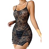 SOLY HUX Women's Floral Lace Sheer Split Hem Babydoll Lingerie Sleepwear Chemise with Thong