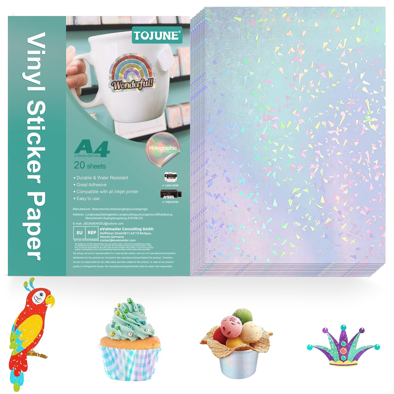 TOJUNE Bedruckbares Vinyl-Aufkleberpapier für Tintenstrahl- und Laserdrucker, A4, 21 x 29.7 cm, Wasserfest, Beliebiger Schnitt, Selbstklebende Rückseite (20 Stück) (Farbige Diamantstruktur)