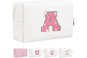 IQIMOTT Personalized Initial Letter Makeup Bag, Preppy Glitter Letter Patch Cosmetic Pouch Zipper,PU Waterproof Travel Toiletry Bag Cute Makeup Organizer Monogrammed Make Up Bag,Gift for Women Girls(Letter A)