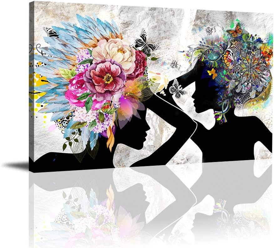 Feathered Native American Decor Canvas Prints Colorful Wall Hanging Art for Living Room Bedroom Decoration Indian Afro Woman Wall Decor Home Accents Stretched Ready to Hang(24x36inx1)