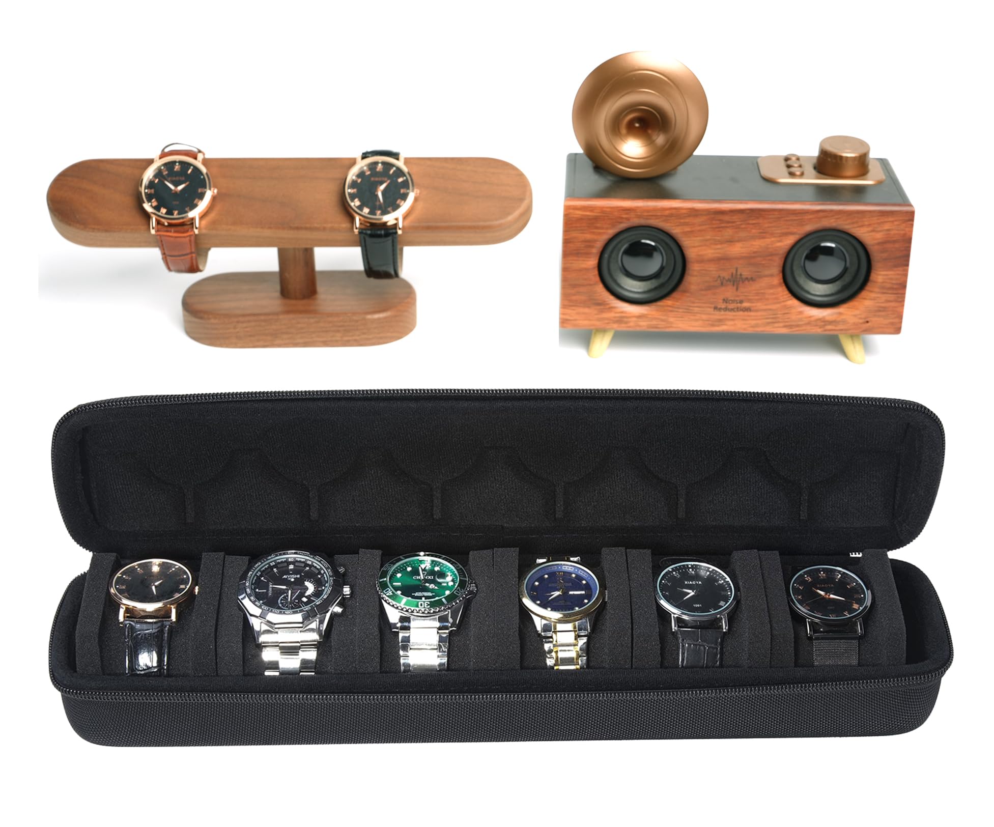 AUKURA hard portable watch travel case, men's watch travel organizer (Black, 6 slots)