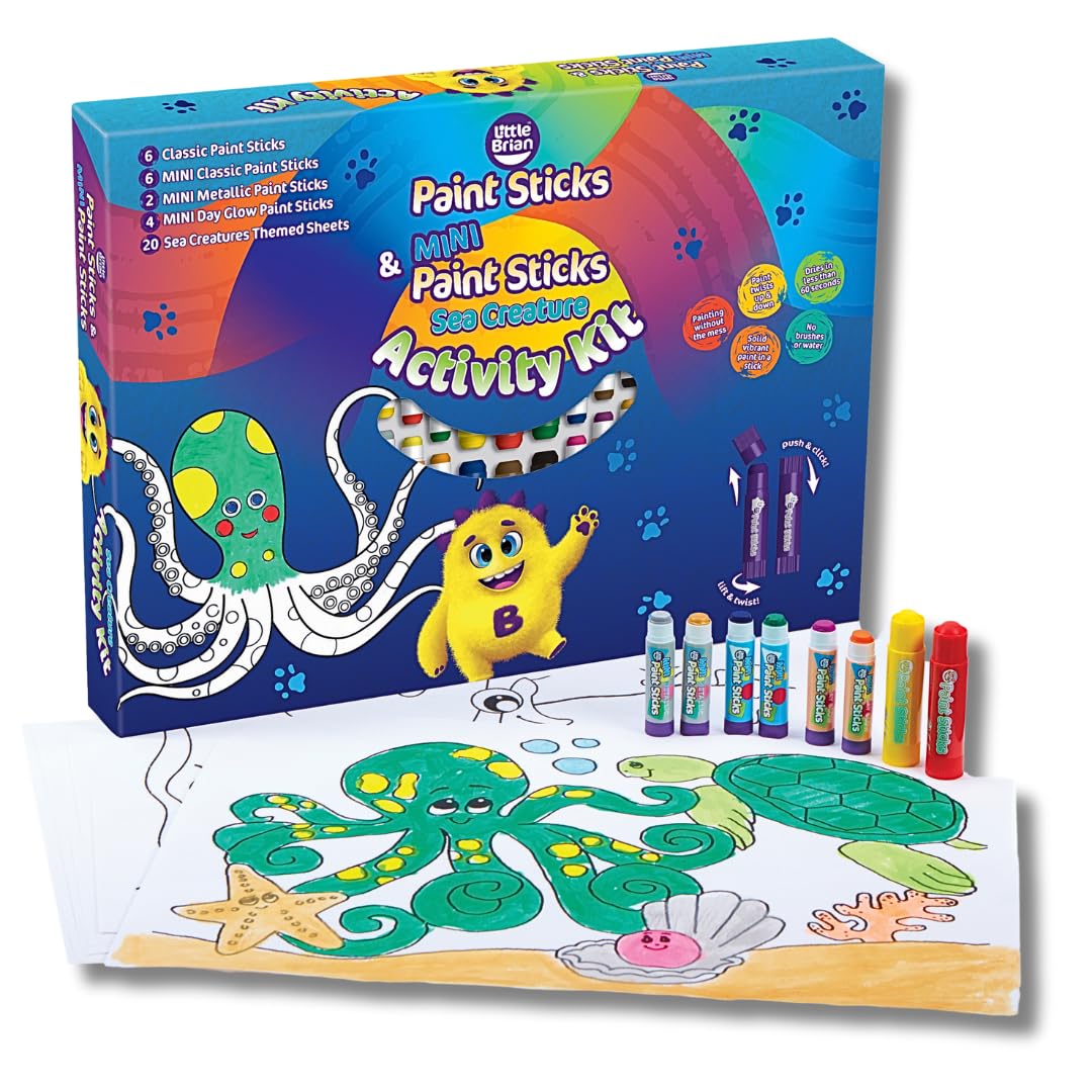 Little Brian Sea Creature Kids Painting Set Complete Kit - Toddler Painting Set with 20 Sea Creatures Sheets, 6 Classic Paint Sticks, 6 Mini Classic Paint Sticks, 4 Mini Neon Pains Sticks