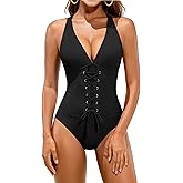 DaiLiWei One Piece Swimsuit Women Tummy Control Slimming Push Up Bathing Suits Lace Up V Neck Shapewear Swimwear Modest