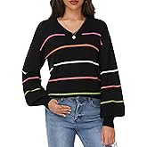 Simlakey Women Long Sleeve Sweaters V Neck Striped Lightweight Sweater Lantern Sleeve Knit Loose Fit Pullover Top