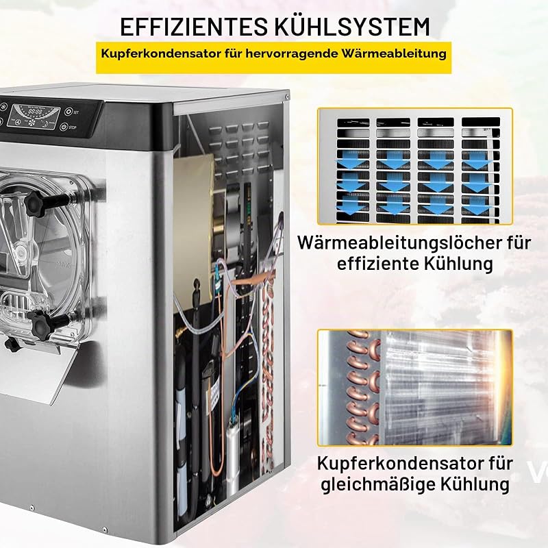 kommerzielle Eismaschine Eiscrememaschine 16-20 L/H Eiscreme, 1400 W Harteiscreme-Maschine mit intelligentem LCD-Display & verschiedenen Geschmacksrichtungen, für Snackbar, Restaurant Silber