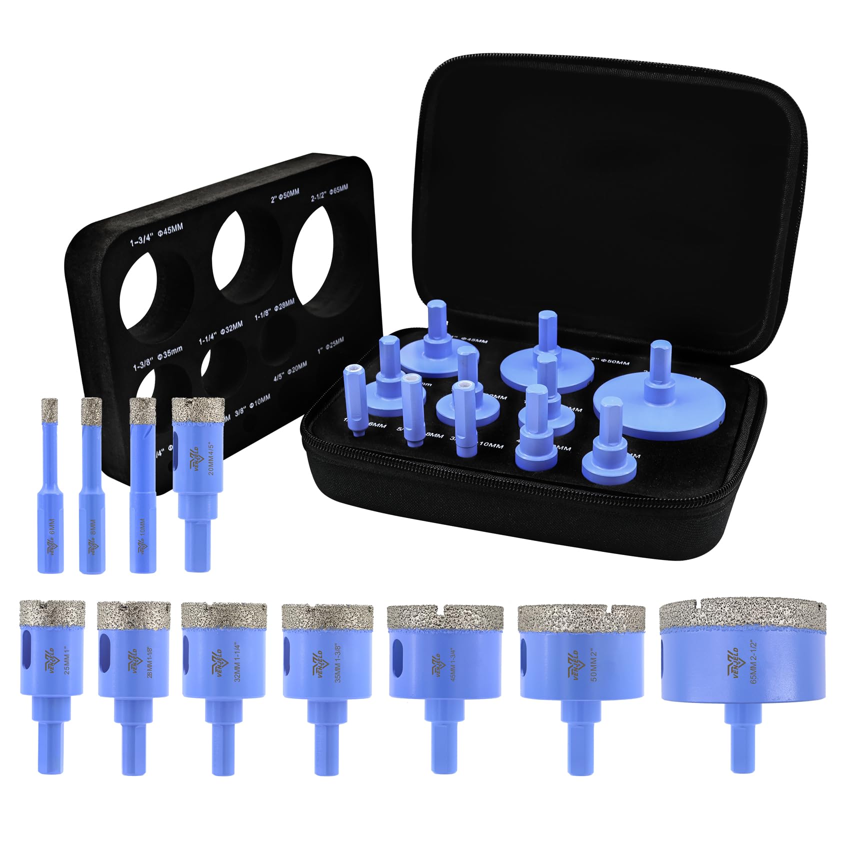 VENJELD Diamond Drill Bits Set 11Pcs - 6/8/10/20/25/28/32/35/45/50/65mm Triangle Shank Tile Hole Saw Kit for Porcelain Tile Ceramic Granite Marble Dekton