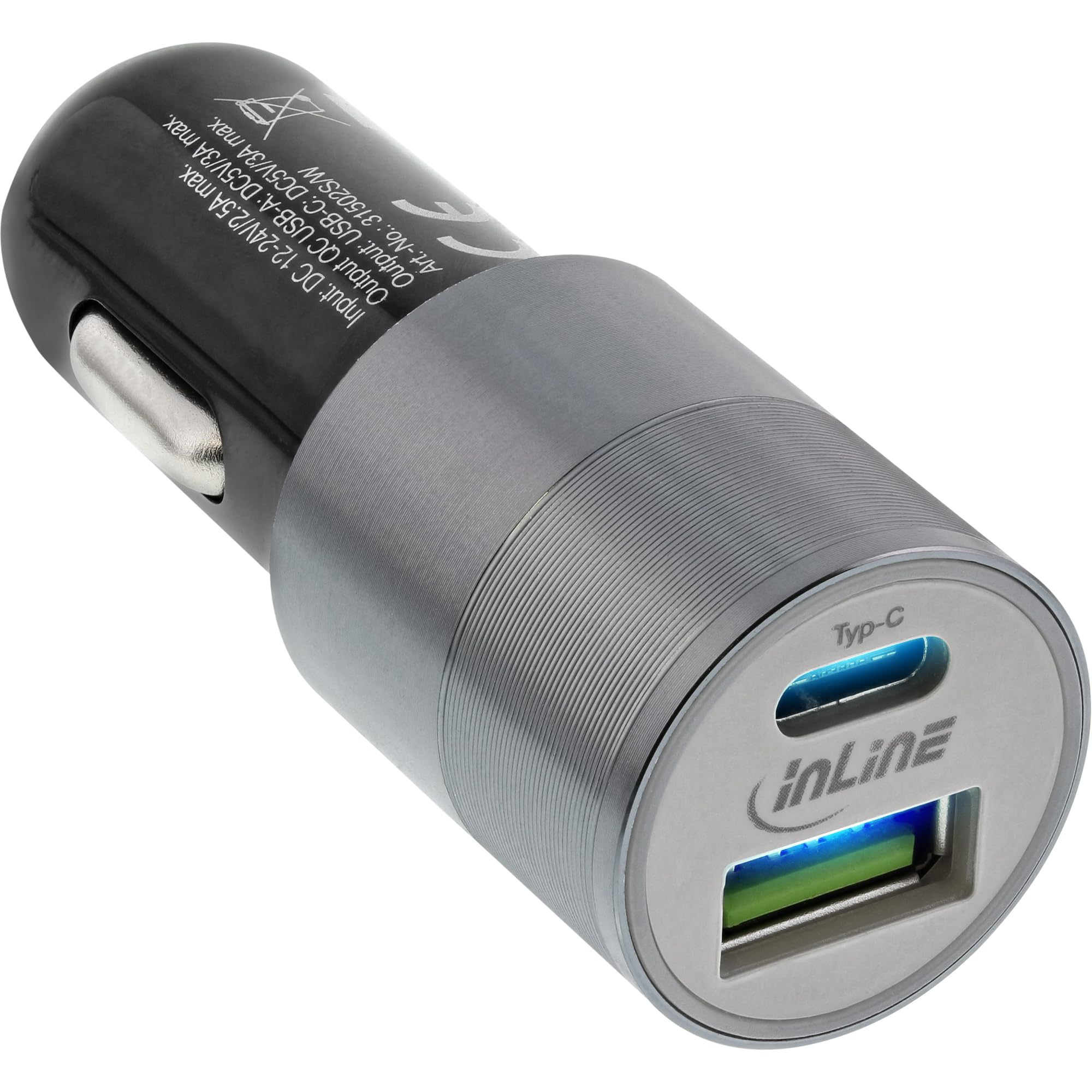 InLine 31502S USB Car Power Adapter Quick Charge 3.0, 12/24VDC to 5V DC/3A, USB-A + USB Type-C, Black