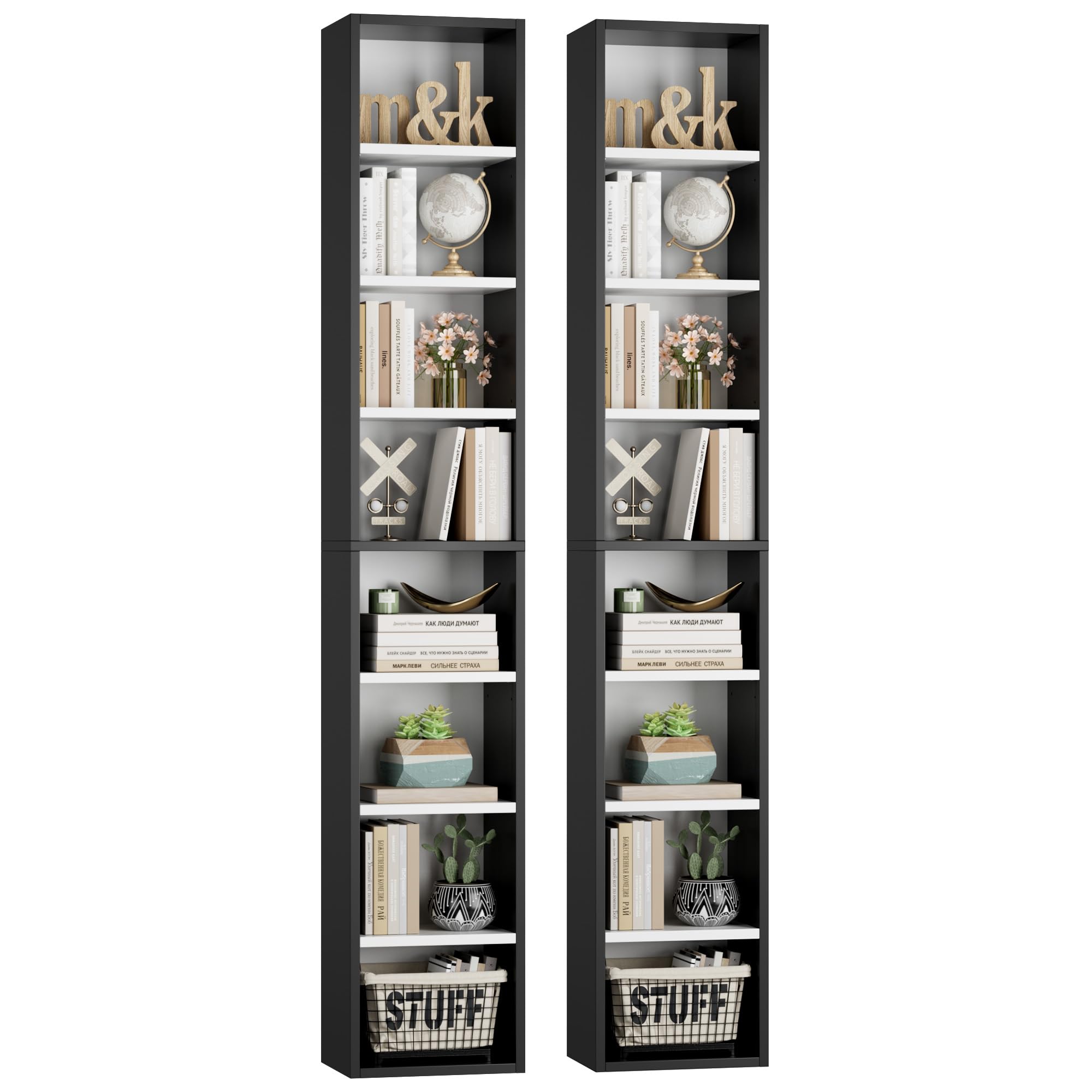 FOTOSOK 2 Pcs 71'' Tall Narrow Bookshelf, 8-Tier Media Tower Rack Set of 2, CD DVD Storage Cabinet with Adjustable Shelves, Tall Narrow Bookcase Skinny Display Bookshelf Slim Shelf, White/Black