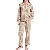 PEHMEA Women's Plaid Pajamas Set 2 Piece Cotton Gingham Sleepwear Puff Sleeve Scalloped Babydoll Shirt Lounge Pj Sets