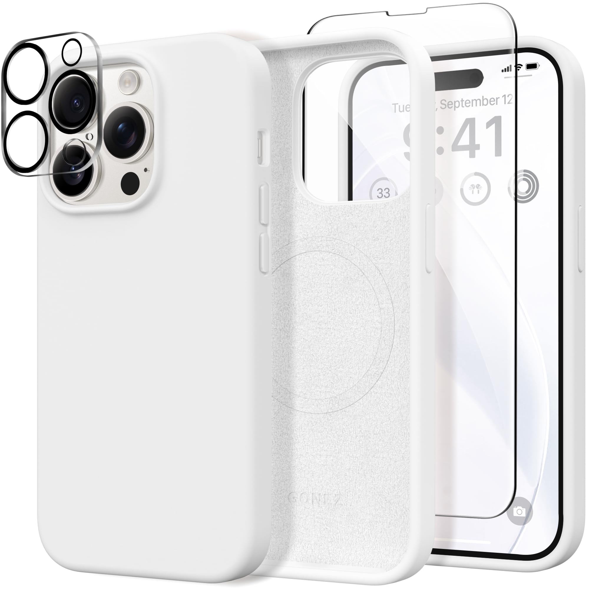 GONEZ Magnetic for iPhone 14 Pro Max Case [3 in 1], Compatible with Magsafe, with 1X Screen Protector + 1X Camera Lens Protector, Liquid Silicone Shockproof 14 Pro Max Case, White — image 1