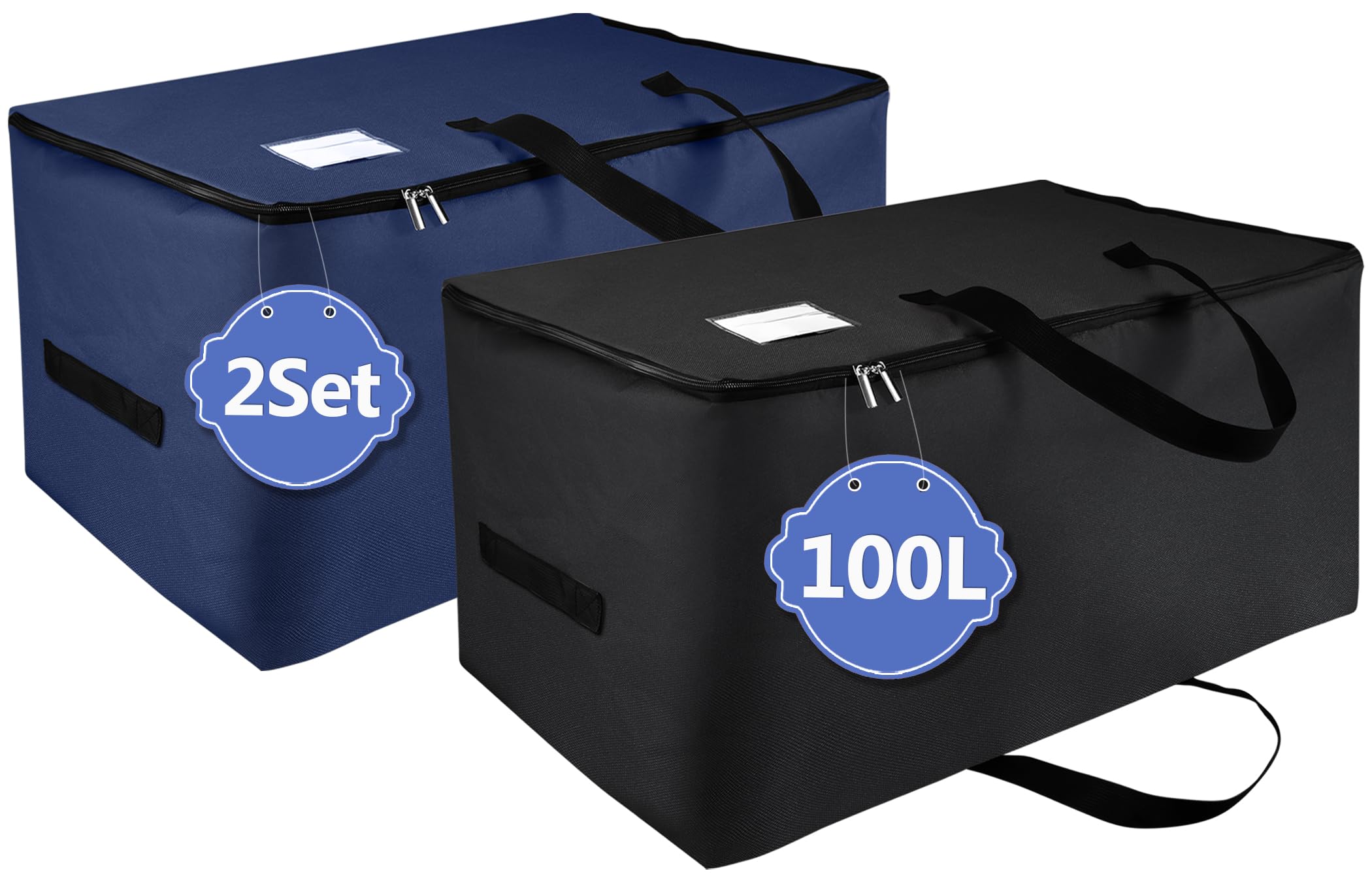 IHOMAGIC 2 Pieces Under bed Storage Bag with Double Zipper and Handles, Storage Containers Clothes Organizers with Sturdy Fabric and Clear Pocket, Foldable Large Closet Organizer (Black/Navy Blue, L)