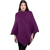 ARAN ISLE Women's Irish Aran Poncho - 100% Virgin Wool Cable Knit Wrap with Buttons, Warm Cape Shawl