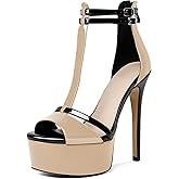 Esvowido Platform Heels for Women Open Toe T-Strappy Stiletto High Heels Sandals 5.5 Inch Double Ankle Strap Pump Shoes with Back Zipper