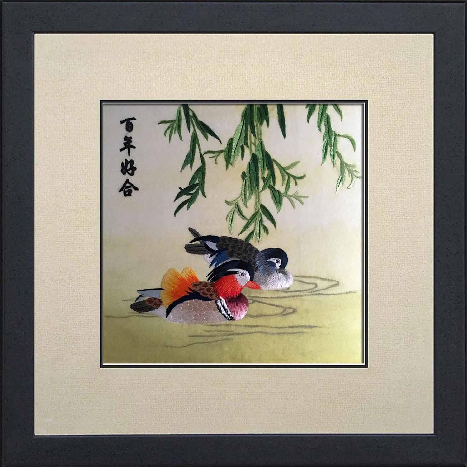 Paintings - SpecialArt - Mandarin Duck Love Bird 100% Handmade Silk Art Gift for Wedding Anniversary SPBT005 (SP0018)