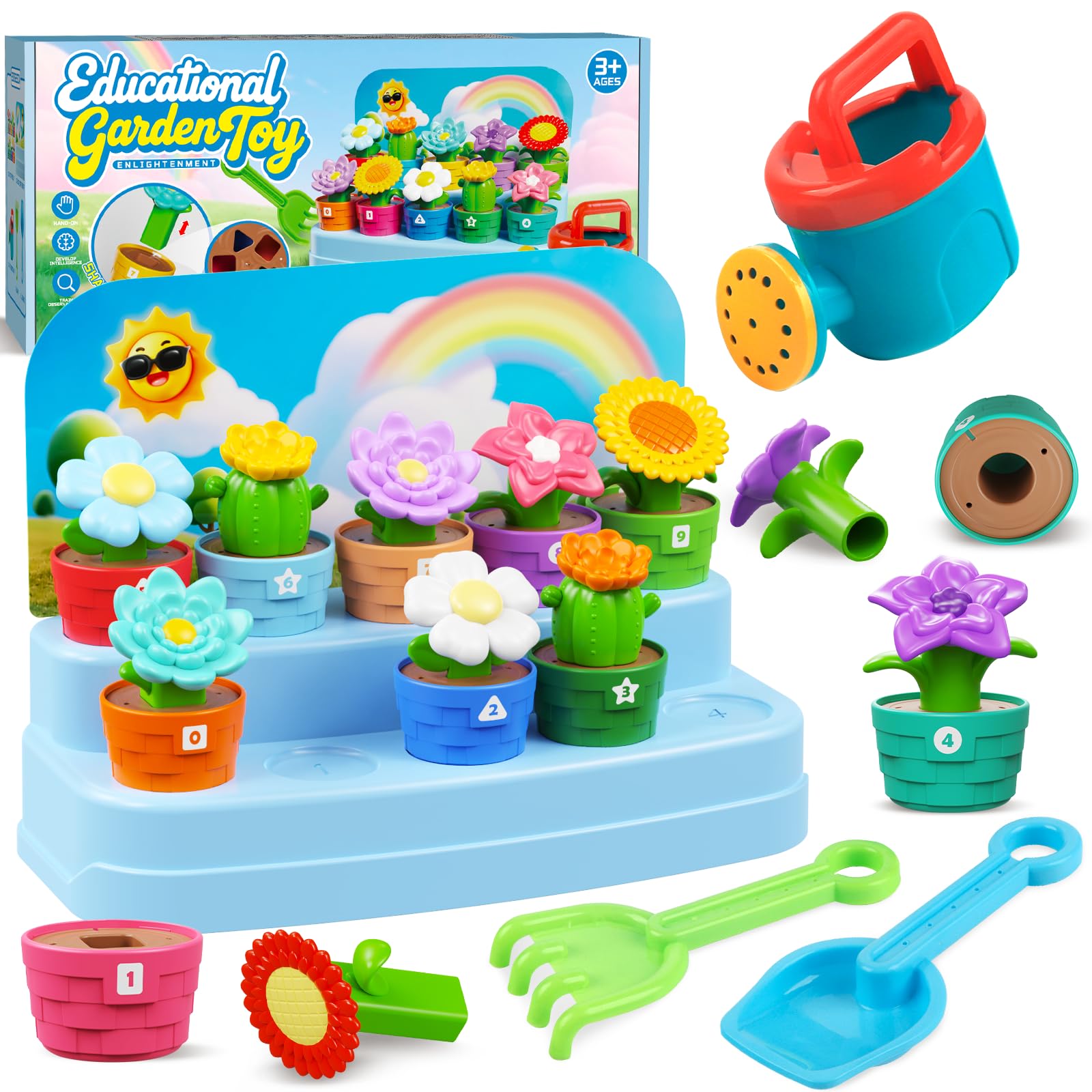 Montessori Flowers Garden Toy for Toddlers, Gardening Set with Watering Can, Shovel, Rake, Shape & Color Sensory Toys, Educational Preschool Learning Toys, Gifts for Baby Girls Boys Ages 1 2 3 4
