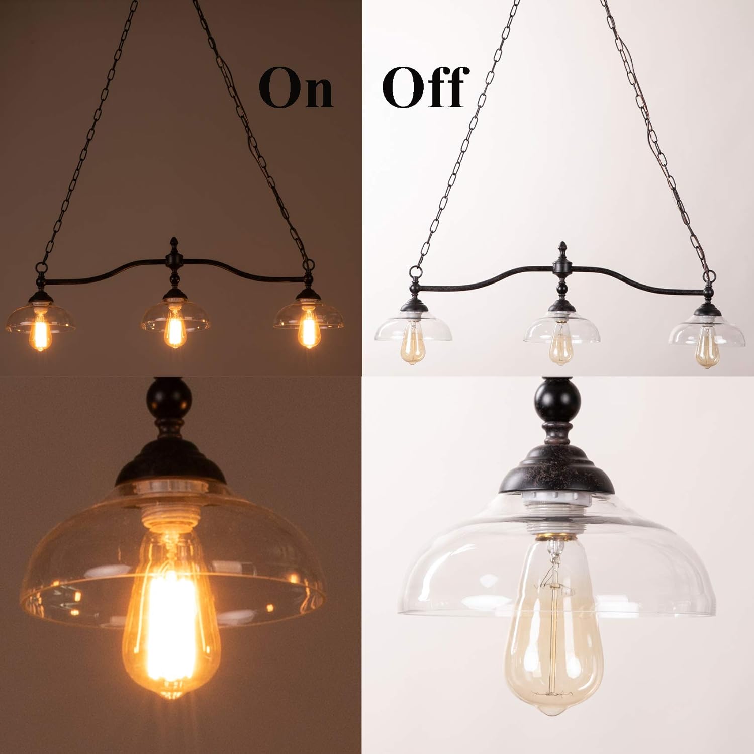 Dining Room Kitchen Island Light Fixture Hanging, Farmhouse Chandelier in Rustic Black Metal with Clear Glass Shades, Adjustable Chains Pendant Light - - 