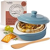 Muldale Ceramic Camembert Baker with Lid and Wooden Spreader - Brie Baking Dish Set for Entertaining - 5.5" Oven Safe Blue