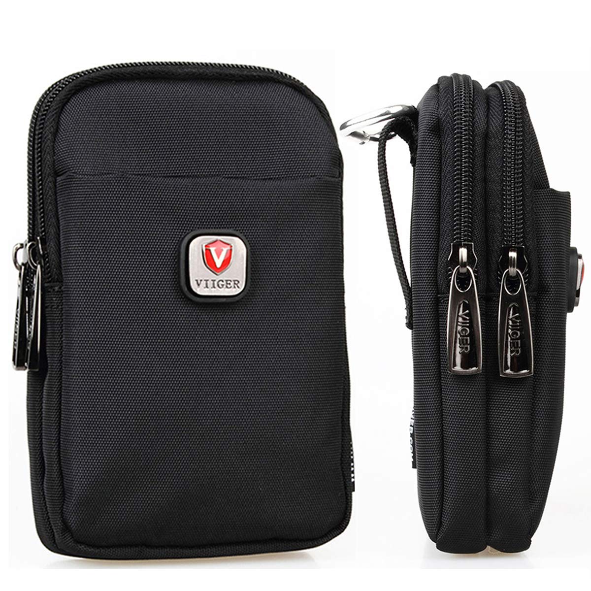 VIIGER Nylon Dual Mobile Phone Holster Versatile Belt Case Holder Mens Belt Pouch w/Clip Smartphone Belt Loop Pouch Bag 2 Zipper Pockets Compatible with iPhone 17 Pro Max 16 Pro Max, black