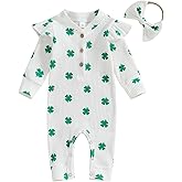 Chloefairy Newborn Baby Girl St. Patrick's Day Outfit Shamrock Ruffle Long Sleeve Romper Irish Ribbed Jumpsuit Headband
