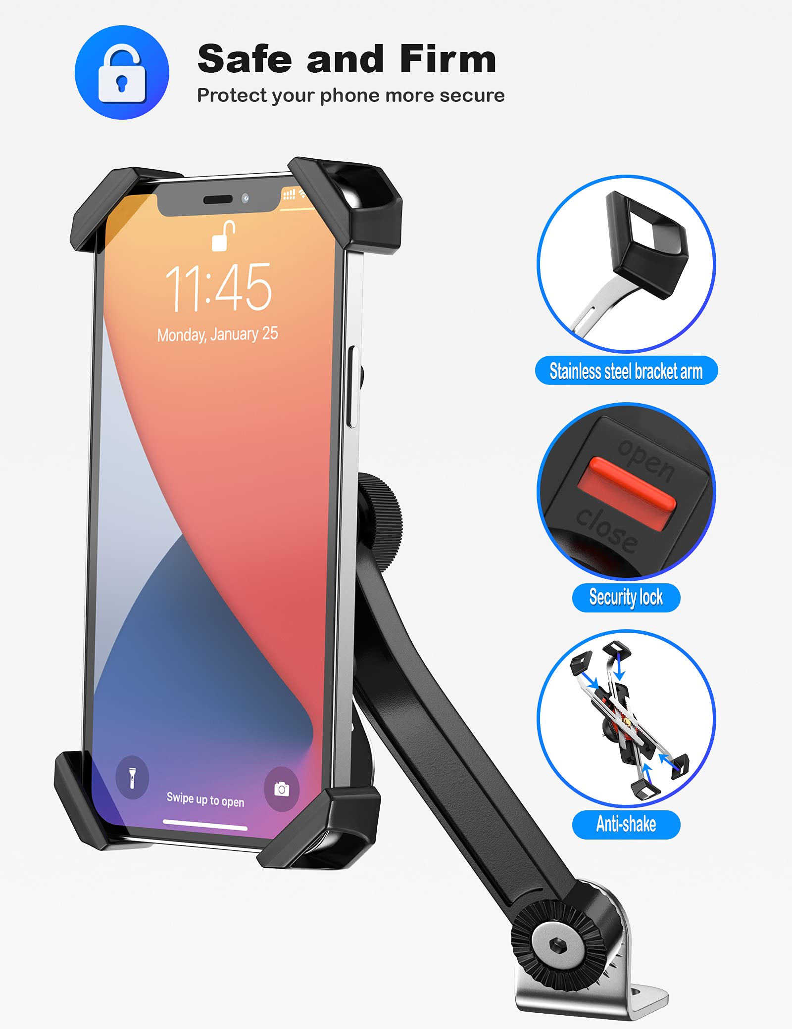 Motorcycle Phone Mount, Auto Shrink Metal Phone Mount for 4.0-7.0 Inch Smartphone for Motorcycle Rear View Mirror with 360° Rotatabe