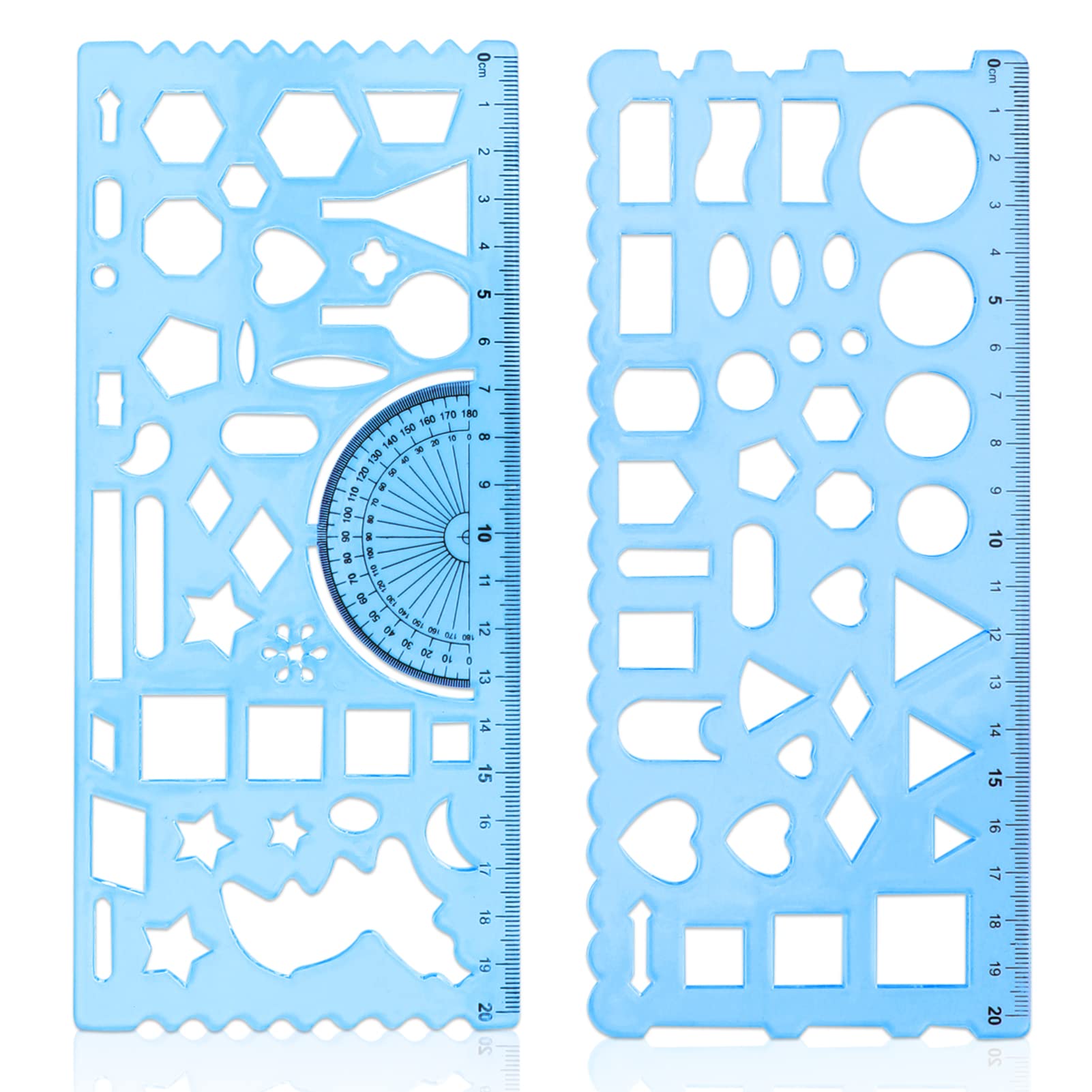 2Pcs Upgraded Multifunctional Geometric Drawing Template Measuring Tool Plastic Metric Ruler Scale Protractor Design for School Office Supplies, Blue