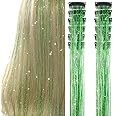 Hair Tinsel Pack of 12 Pcs Clip in Hair Tinsel 20 Inch Glitter Green Tinsel Hair Extensions, Festival Tinsel Fairy Hair Party Dazzle Hair Accessories Strands Kit(12Pcs,Fruit green#)