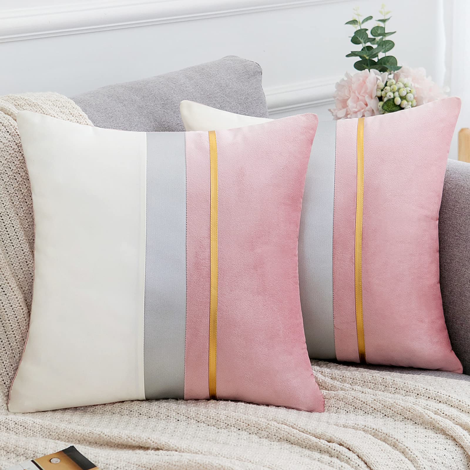 Serento Set of 2 Modern Decorative Cushion Covers for Sofa Splicing Leather with Gold Stripes for Bedroom, Chair, Bed, Garden, 45 x 45 cm, Pink, Pack of 2