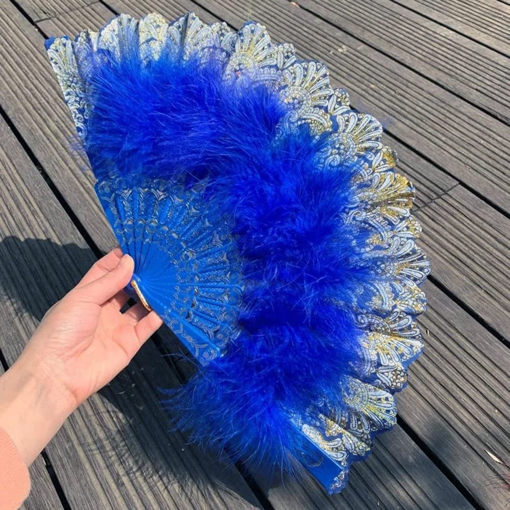 Duories Feather Hand Fan Folding Fan Vintage Spanish Victorian Women's Fan Dance Hand Fan for Wedding Gift Summer Party Fancy Dress Costume Royal Blue