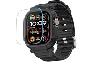elkson Band Case for 49mm Apple Watch Ultra 3/2/1 with Screen Protector Tempered Glass, Quattro Pro Series Rugged for iWatch Strap, Military Grade Durable Protective Bumper Cover, Shockproof, Black