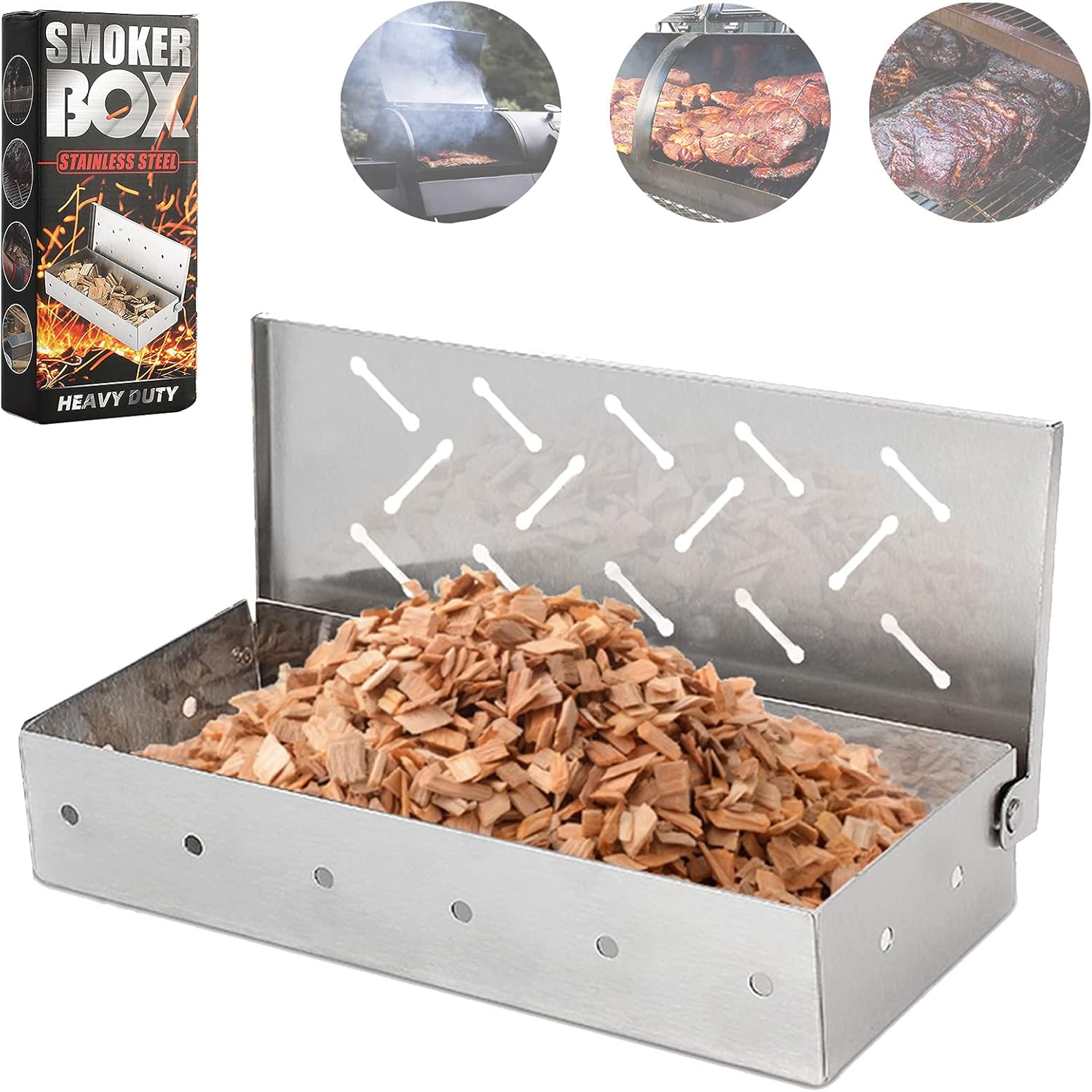 Smoker Box for BBQ Grill Wood Chips -Smoker Grill Accessories, Charcoal & Gas Barbecue Meat Smoking with Hinged Lid