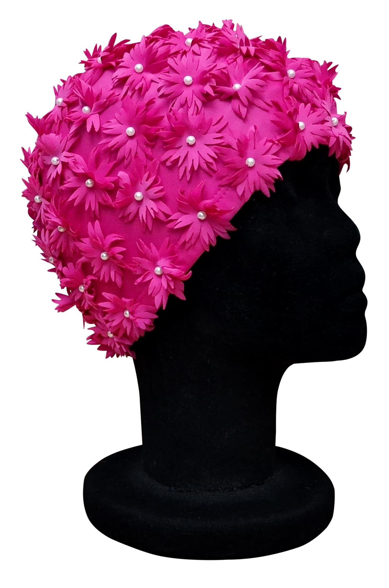 CHEX Daisy Ladies Elasticated Swimming Hat Embellished With Frilly Flowers Studded With Pearl Effect Beads Detailing Swim Cap One Size Adults (Pink)