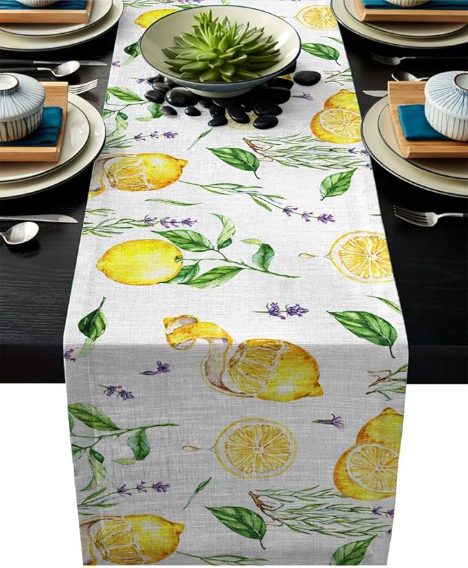 Greeeen Linen Burlap Table Runner, Lemon Kitchen Table Runners for Family Dinner