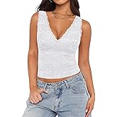 REORIA Womens Sexy V Neck Sleeveless Y2K Trendy Lace Cropped Tank Tops Double Lined Going Out Top