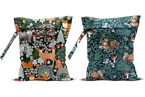 CQM 2Pcs Forest Animal Wet Bags 12x10 Inch, Cottage Core Botanical Waterproof Travel Laundry Bags, Squirrel Fox Wolf Reusable Wet Dry Bag for Swimsuit Pool Beach Diapers Dirty Yoga Gym Clothes