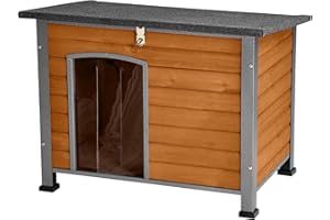 Suumerpety Indoor Outdoor Dog House,Anti-Chewing Iron Frame Dog Kennel,Wood Warm Pets Home,Weatherproof Outside Shelter for Feral Animal 33.5" (L) X 22" (W) X 25.2" (H) Brown