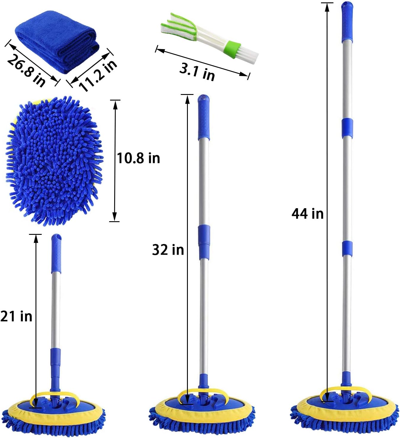2 in 1 Microfiber Car Wash Mop Mitt with 45" Aluminum Alloy Long Handle,Chenille Car Cleaning Kit Brush Duster with Scratch Free for Washing Car/Truck/RV,2 Mop Head and 1 Towels and Air Vent Duster: Automotive