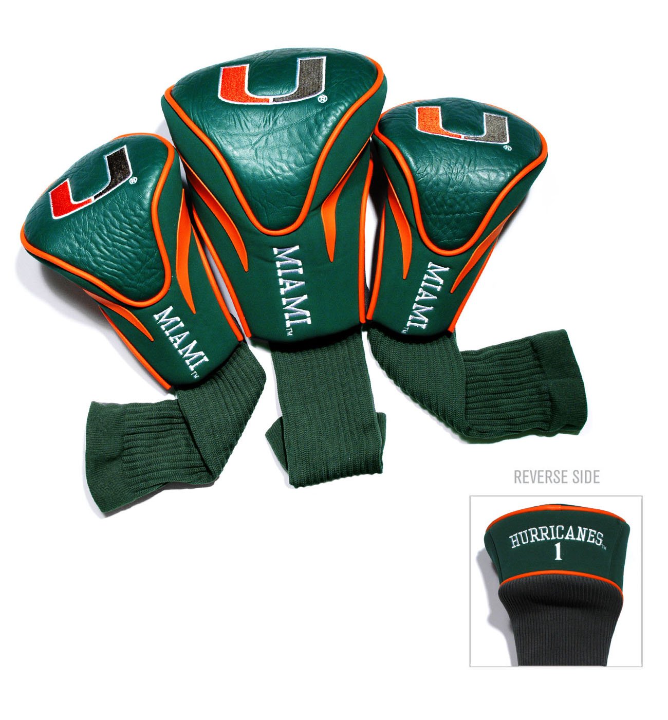 Team Golf NCAA Miami Hurricanes Contour Golf Club Headcovers (3 Count) Numbered 1, 3, & X, Fits Oversized Drivers, Utility, Rescue & Fairway Clubs, Velour lined for Extra Club Protection