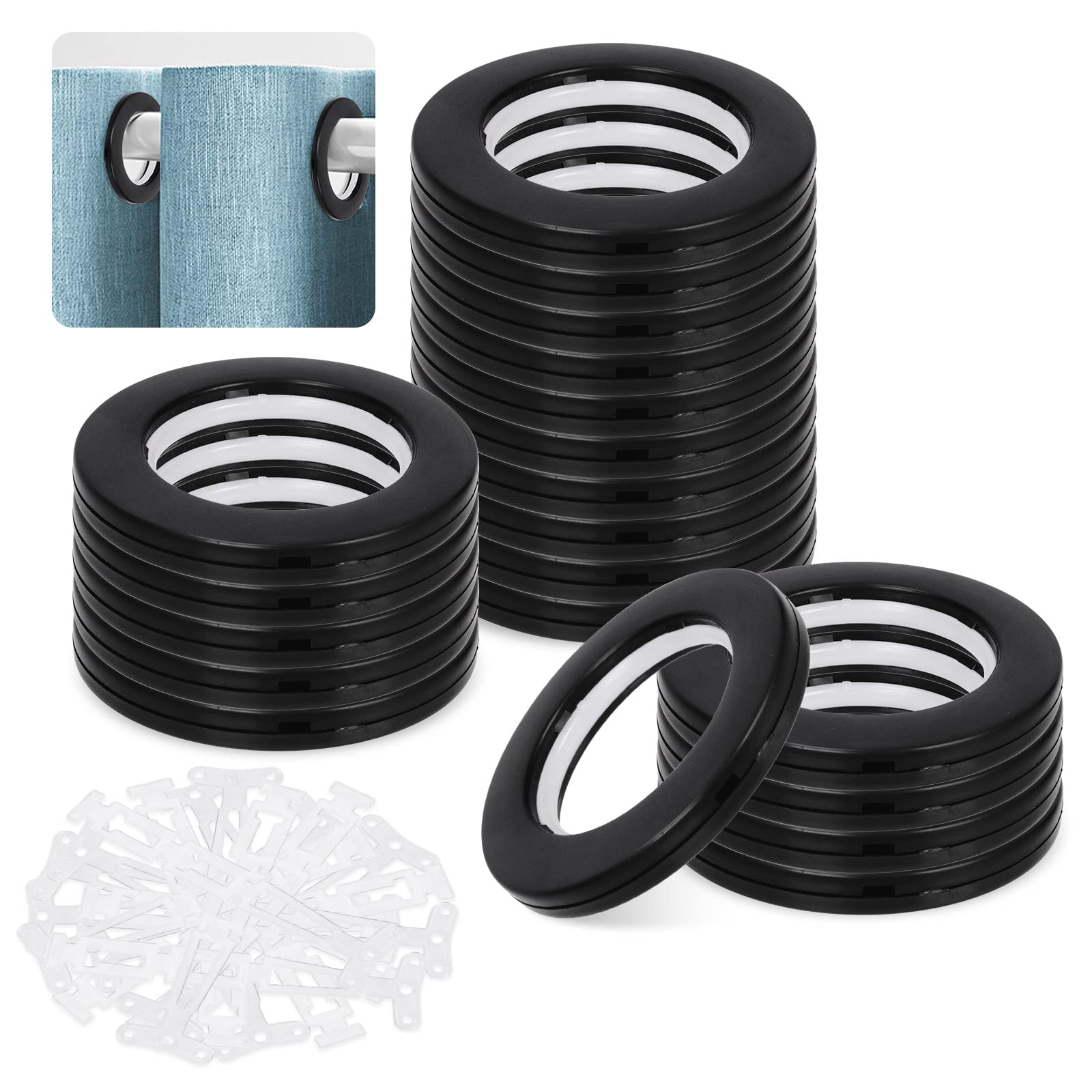 Mardatt 20 Pack Curtain Grommets 1.6 Inch Inner Diameter Silencing Curtains Grommets Reusable Curtain Self Locking Grommets Low Noise Curtain Rings for Curtain Rod Shower Curtain (Black)