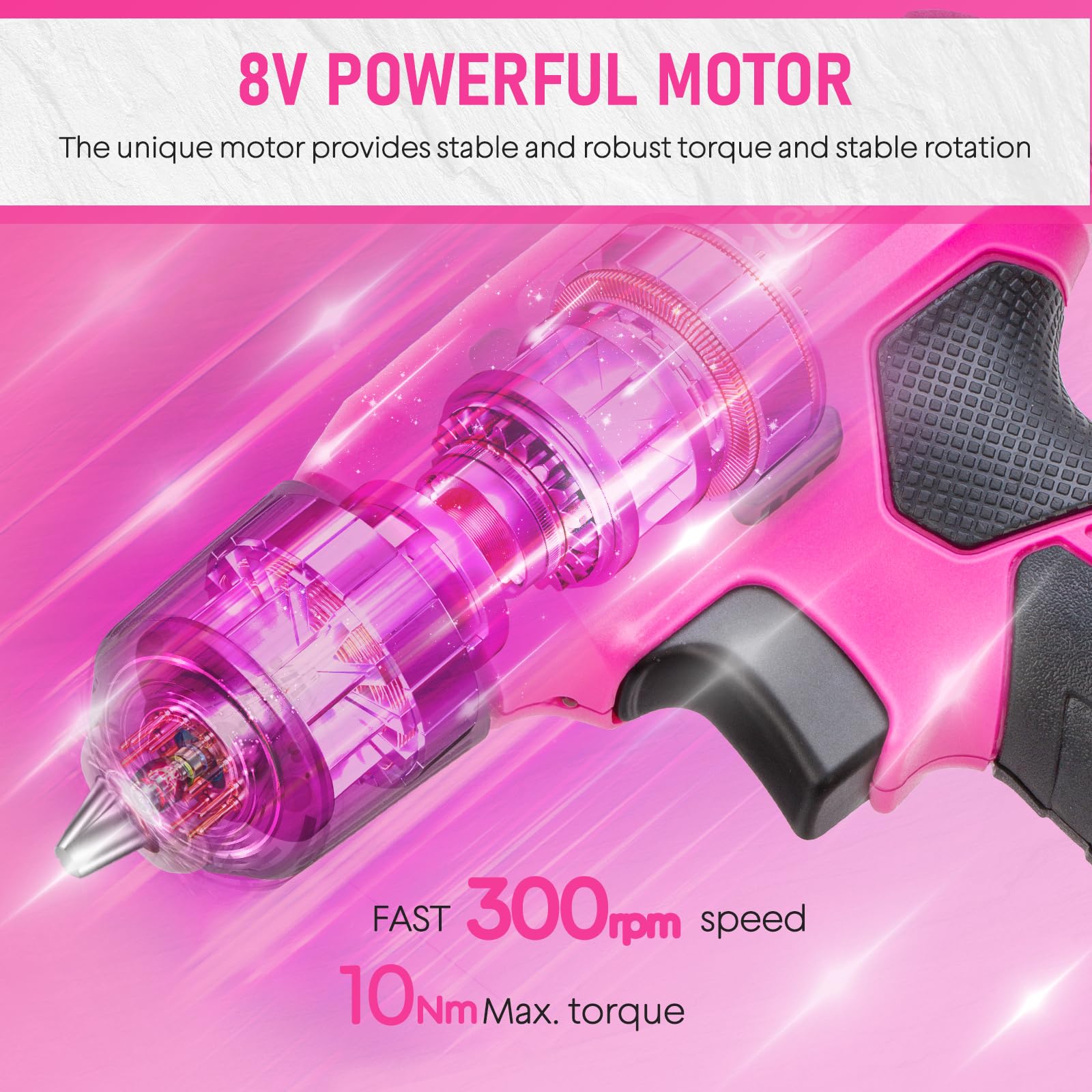 8V Pink Cordless Drill Set, Electric Screwdriver Drill Driver Set with 3/8