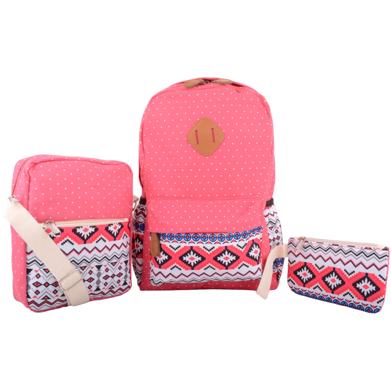 Womens Canvas Patterned Multi Pack Backack Rucksack 3 Piece Travel Set - Coral