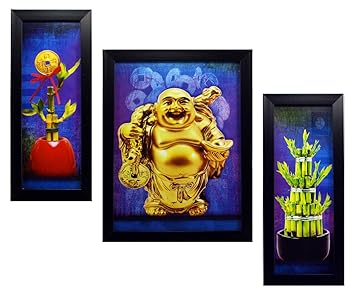 INDIANARA 3 PC Set of Laughing Buddha Bamboo Coin Paintings (1104) Without Glass 5.2 X 12.5, 9.5 X 12.5, 5.2 X 12.5 inch