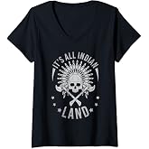 Womens Indian Land Headdress Skull Indigenous Native American V-Neck T-Shirt