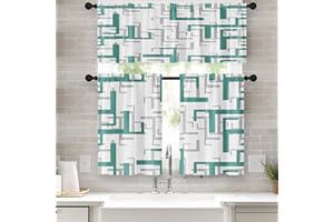 Emvency 36 Inch Kitchen Curtains Teal and Grey Geometric Abstract Art Window Curtains and Valances Set of 3, White Modern Art Background Short Tier Curtain for Kitchen,Vintage Small Kitchen Decor