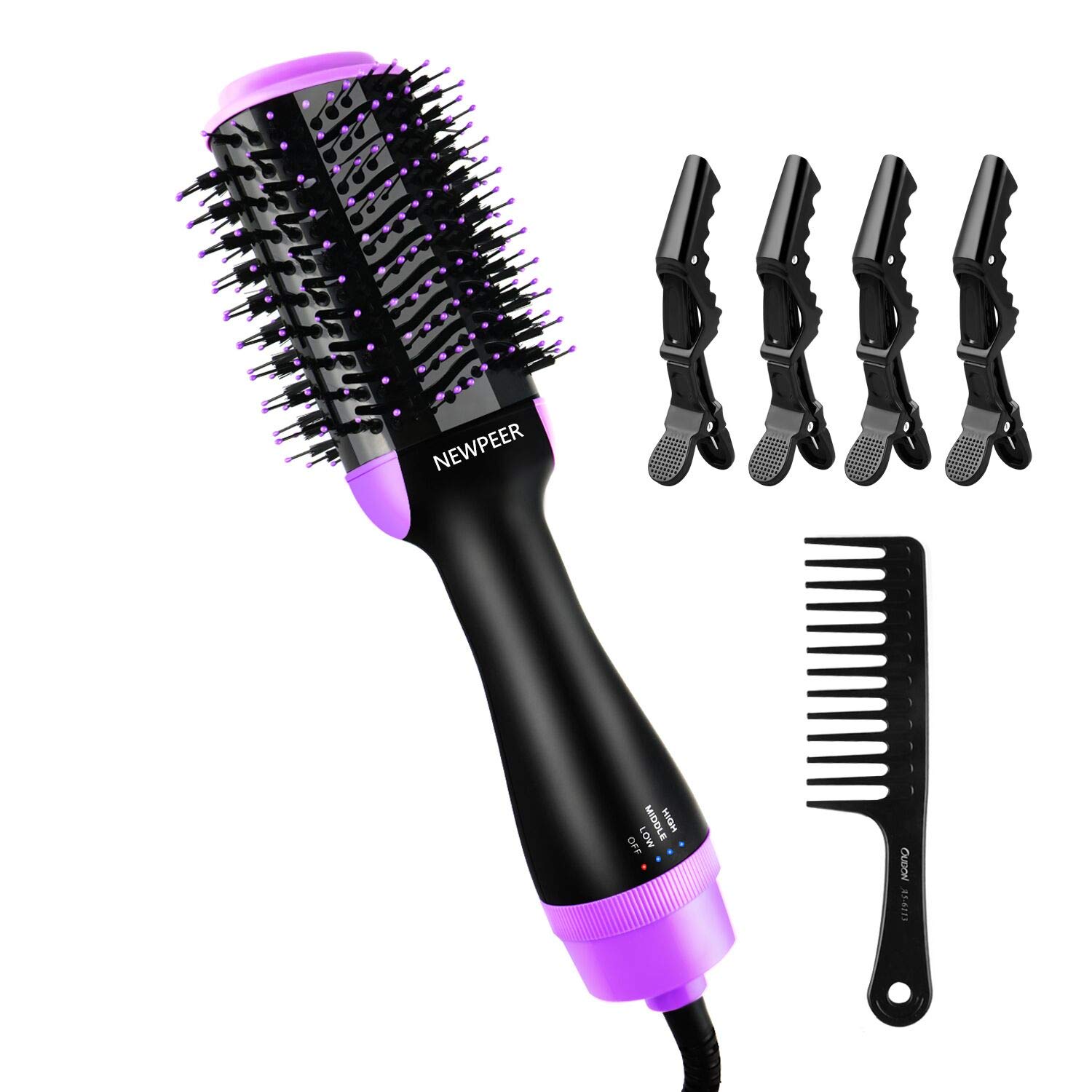 One Step Hair Dryer and Volumizer,Hair Dryer Brush,3 in 1 Hot Air Brush Anti-scald Negative Ion Hair Straightner & Curler Hair Comb With Hair Clips