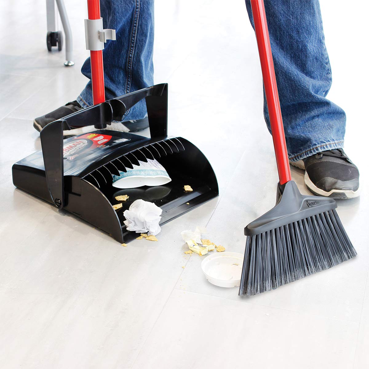 Libman Commercial 919 Lobby Dust Pan and Broom Set (Open Lid), Black