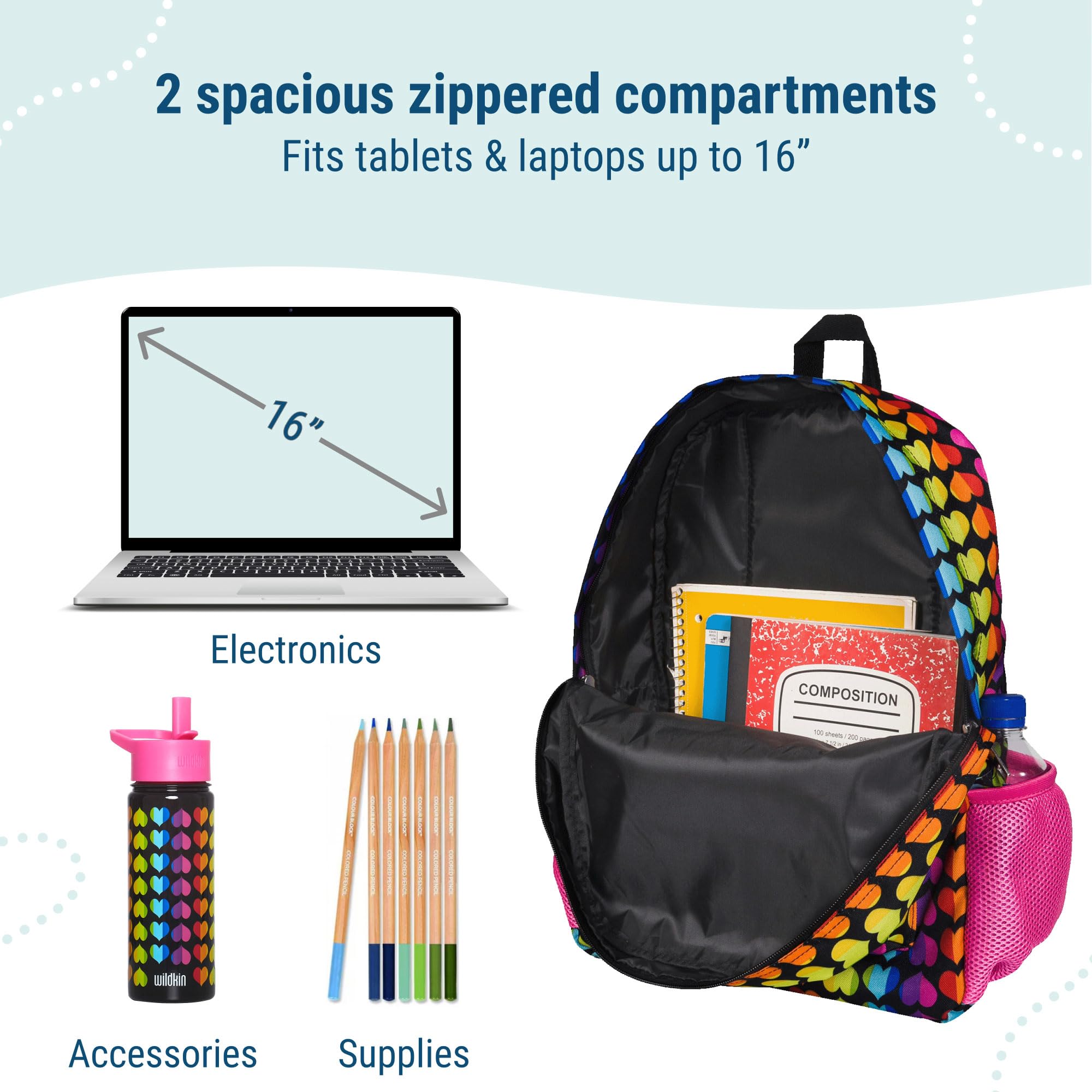 Wildkin 16 Inch Kids Backpack for Boys & Girls, 600-Denier Polyester Backpack for Kids, Features Padded Back & Adjustable Strap, Perfect Size for School & Travel Backpacks (Rainbow Hearts)