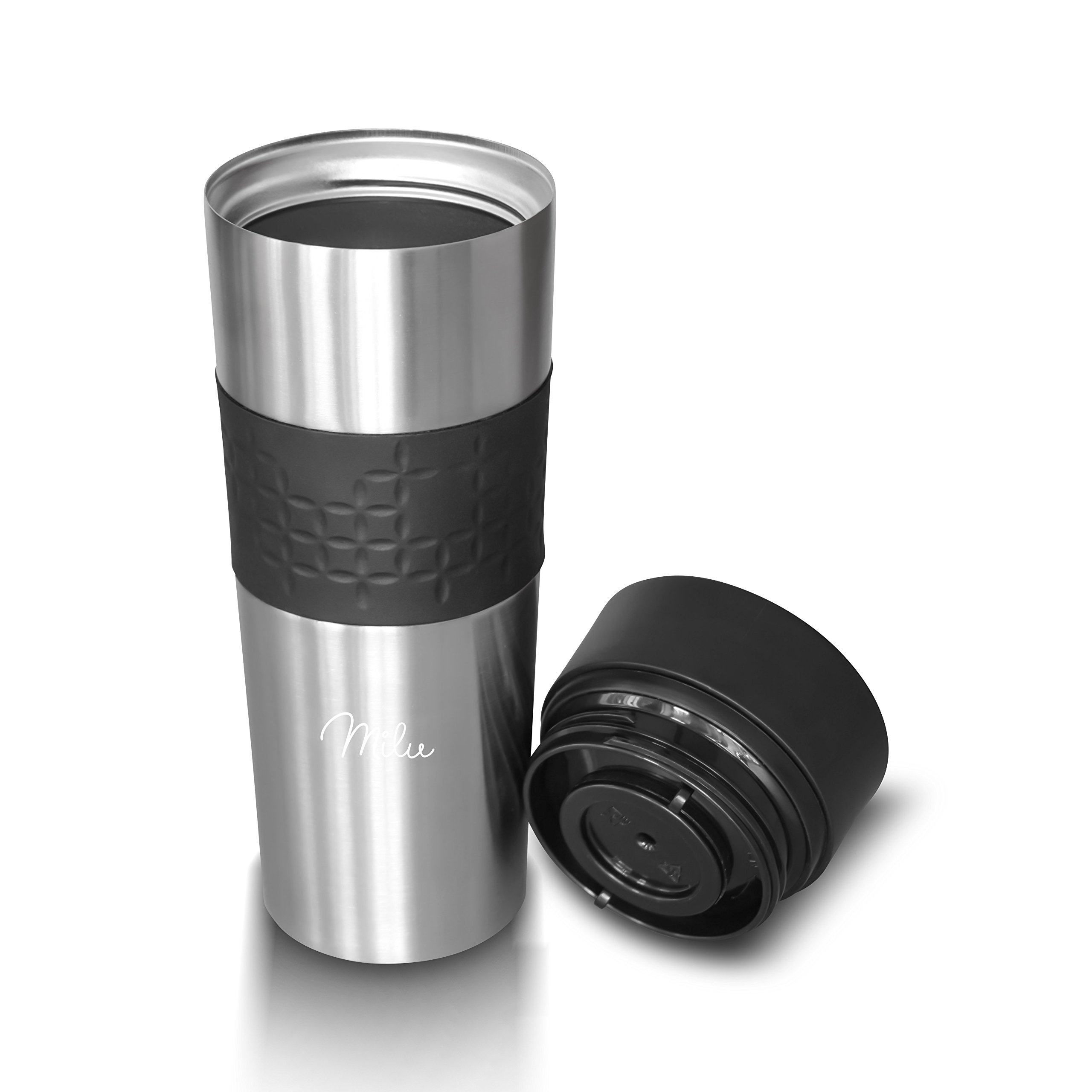 Milu Thermobecher to go 450ml - 100% Auslaufsicher - Isolierbecher aus Edelstahl - Autobecher - Trinkbecher doppelwandig - Kaffeebecher to go Thermo - Reisebecher (Schwarz)