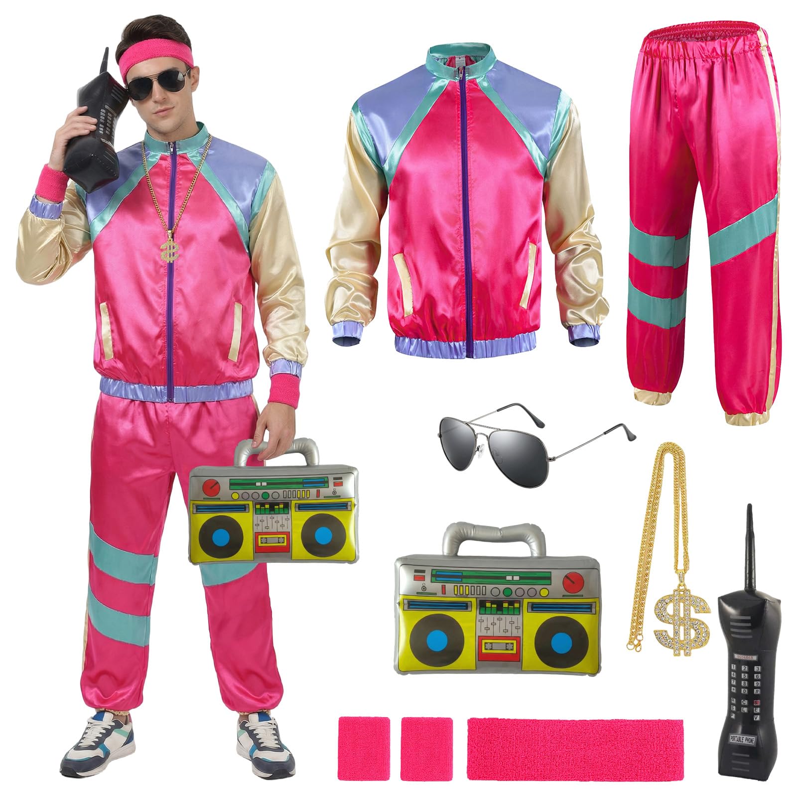 Xerteam 80s 90s Fancy Dress Men with Accessories, Retro 80s 90s Hip Hop Outfit for Adults, 80s Fancy Dress Set with 1 Sportswear Shirt Pant Hat Necklace Balloon Glasses (Red 2, XL)
